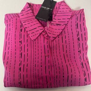 David Lerner pink with black ticking stripe button up blouse